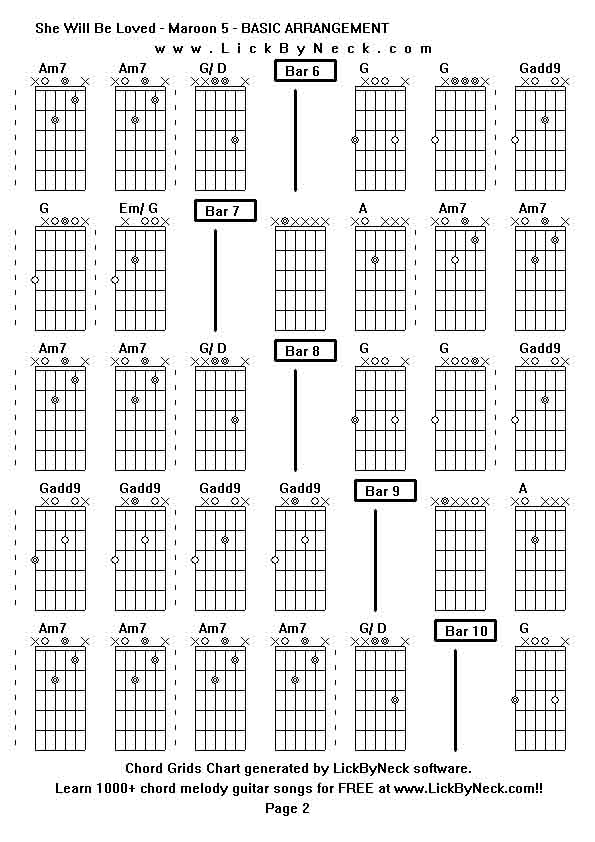 Chord Grids Chart of chord melody fingerstyle guitar song-She Will Be Loved - Maroon 5 - BASIC ARRANGEMENT,generated by LickByNeck software.